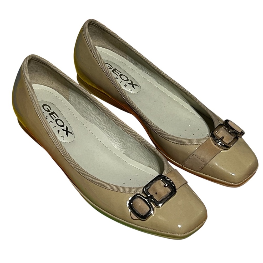 Geox Beige Patent Leather Square-Toe Ballet Flats with Buckle Accent